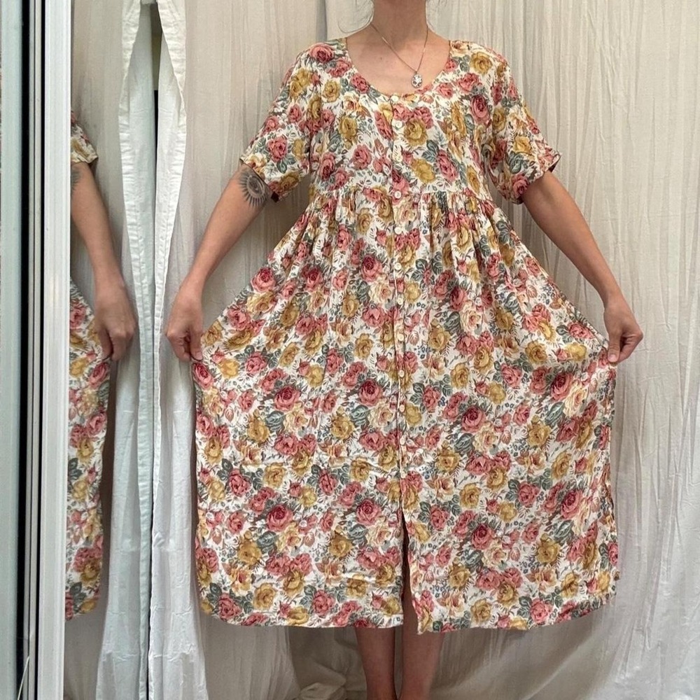 Pink, Green, Cream Rayon Floral Button Down Pleated Dress Revue Small VTG 90s - Picture 3 of 8